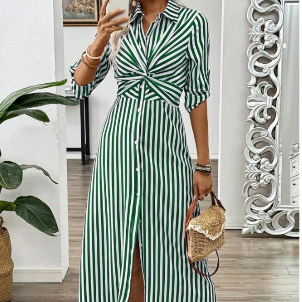 SHEIN NWOT Green&white Striped Twist Front maxi Dress Shirt
